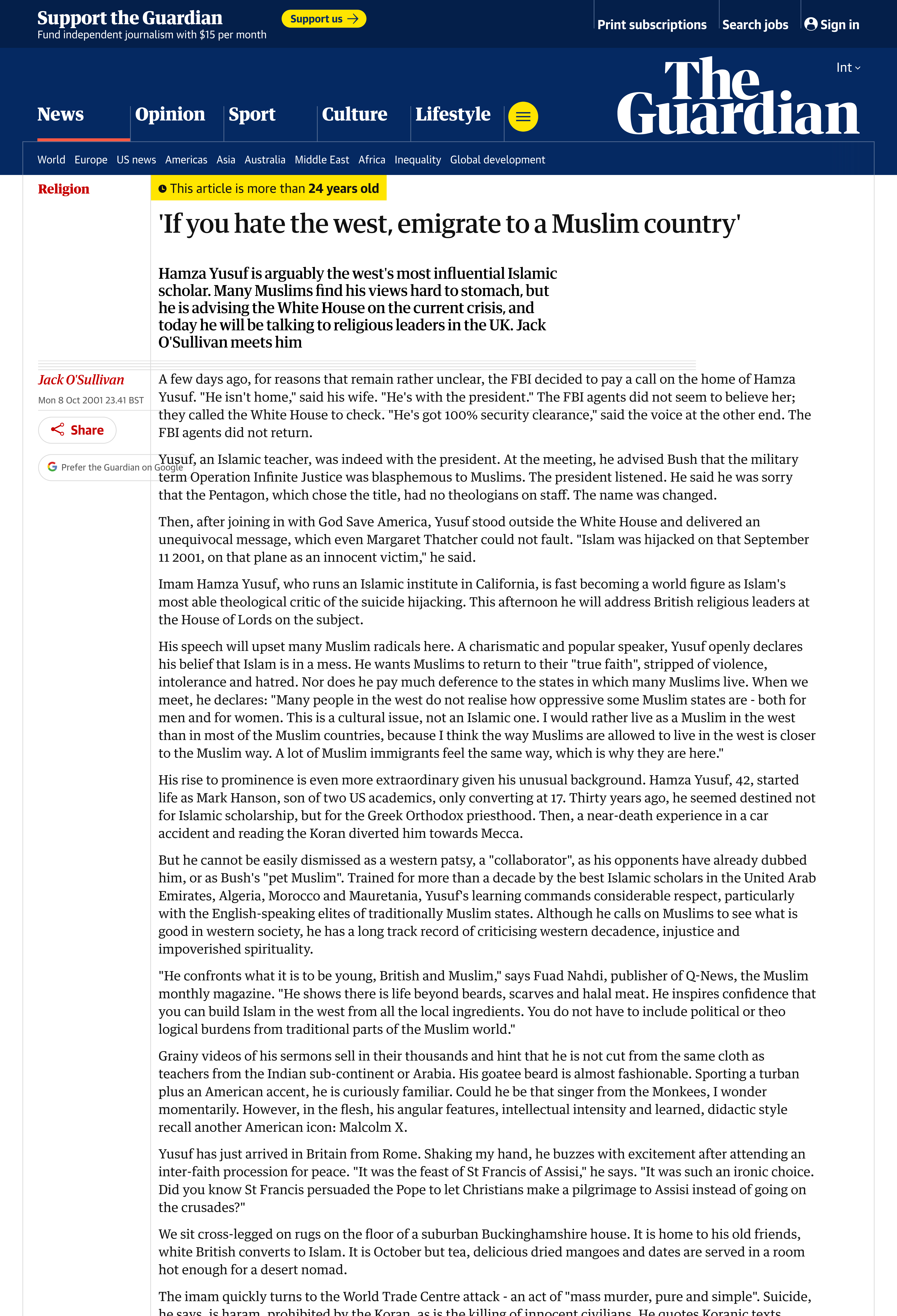 The Guardian - If you hate the west, emigrate to a Muslim country - Hamza Yusuf